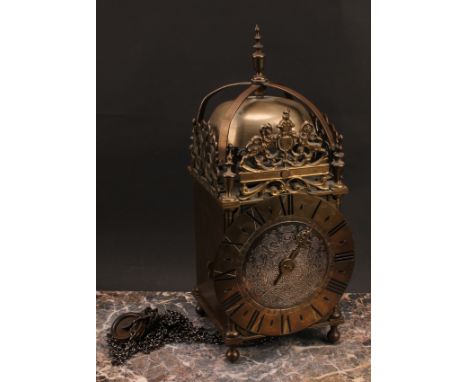 A 17th century style brass lantern clock, 16.5cm chapter ring inscribed with Roman numerals, 36cm high