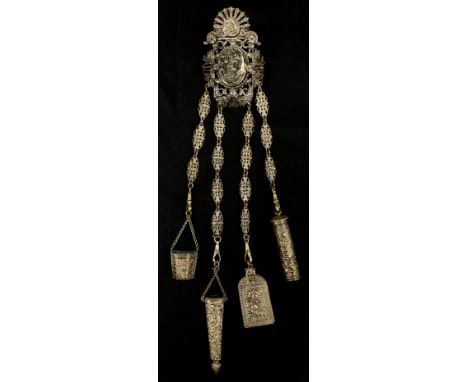 A 19th century Anglo Indian electrotype chatelaine, cast portrait beneath knight and rose crest, scrolling floral frame, four