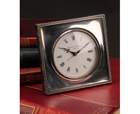 An Elizabeth II silver desk timepiece, 11.5cm diam., retailed by Swaine &amp; Adney, London 1987