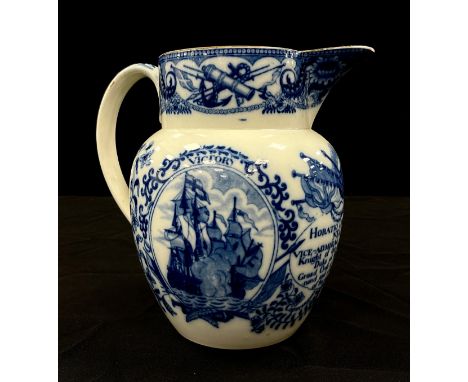 Nelson and the Napoleonic Wars, a early 19th century blue and white Swansea pearlware commemorative portrait jug, blue transf