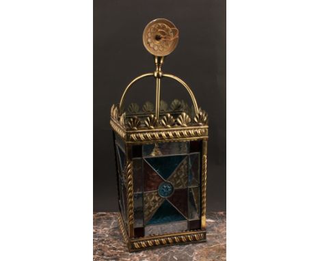 Lighting - a brass and stained leaded glass hall lantern, four panels, fitted for electricity, 49cm high over suspension hook