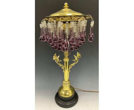 An unusual brass and amethyst glass table lamp with pale amethyst purple glass droplet and clear glass bead fringe shade, bra