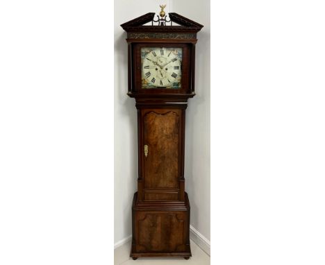 A George III mahogany longcase clock, 33cm square dial inscribed ELLIOTT NORTHWICH and decorated with landscapes, Roman numer