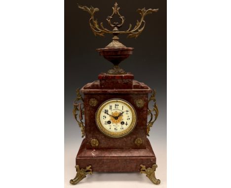 A French Napoleon III rouge marble ormolu mantel clock, marked V Destouesse &amp; Fils, Bordeaux, cream dial, Roman numerals,