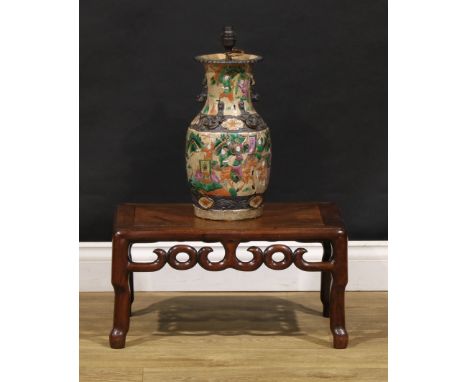 A Chinese hardwood low kang table, rectangular panelled top, pierced scroll frieze, shaped legs, 28cm high, 51cm wide, 33cm d