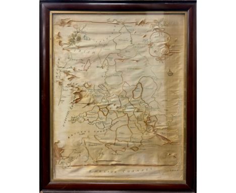 A George III Silk work map sampler, England and Wales, worked by S Bellott, dated 1784, approx 59cm x 47cm, later framed and 