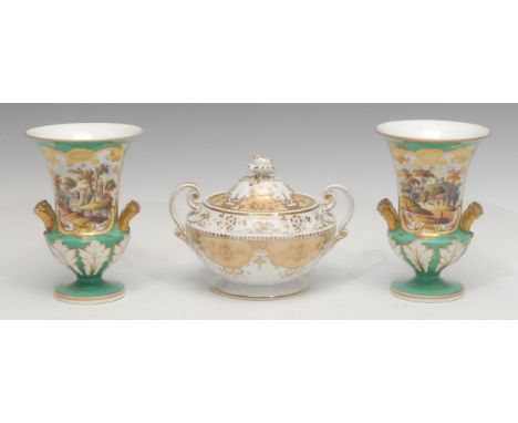 A pair of 19th century English porcelain campana vases, each painted with idyllic country scenes, within gilt shaped reserves