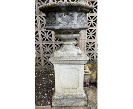 A Haddonstone hexagonal gothic planter, moulded edge, stepped socle, tall square pedestal base, the pedestal 69cm high, the u