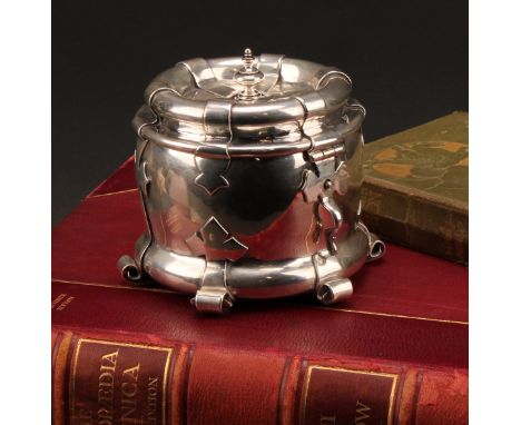 Liberty &amp; Co - an Arts and Crafts silver tea caddy, applied with scrolling brackets and cut-card work, hinged cover, 11.5