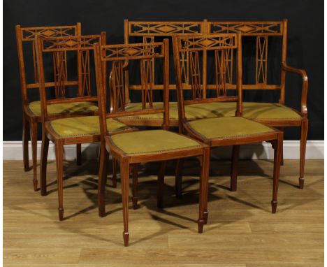 An Edwardian satinwood banded mahogany five-piece salon suite, comprising sofa and four side chairs, the sofa 89cm high, 109c