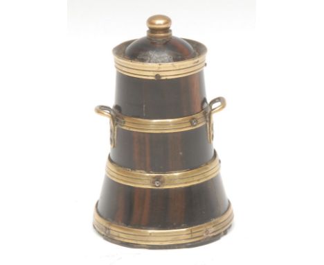 Treen - a mahogany and brass bound novelty inkwell, as a milk churn, screw close cover above a pair of handles, 9.5cm high ov