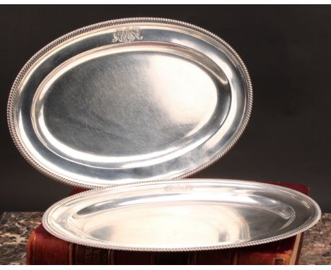 Paul Storr - a pair of George III silver oval meat plates, gadrooned borders, 33cm wide, London 1802, 1506g