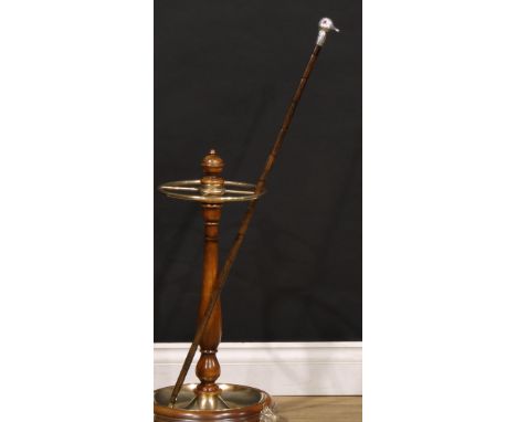 A Victorian Brigg type silver mounted walking stick, the handle as the head of a duck, palmwood cane, glass eyes, 90cm long o