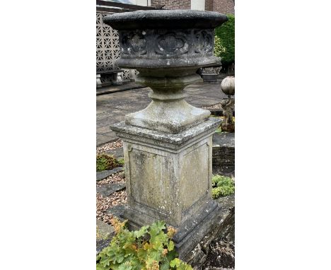 A Haddonstone hexagonal gothic planter, moulded edge, stepped socle, tall square pedestal base, the pedestal 69cm high, the u