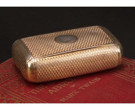 A George III silver-gilt snuff box, engine turned, hinged cover, 7cm wide, Joseph Willmore, Birmingham 1808
