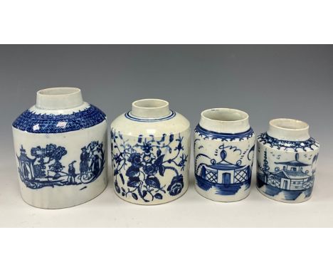 18th century English pearlware tea caddies including an early Worcester tea caddy, painted with wild flowers, crescent mark t