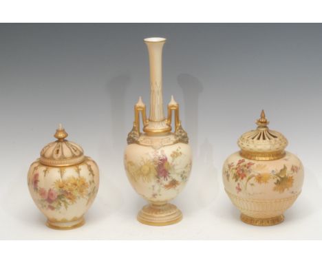 A Royal Worcester blush ivory lobed ovoid pot pourri vase and cover, painted with summer flowers on a blush ground, picked ou