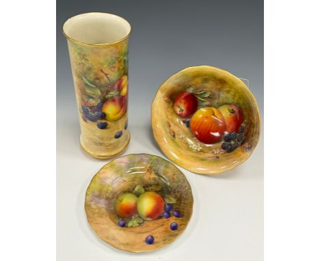 Royal Worcester hand painted ware comprising of a cylindrical vase, 23cm high, painted by M.N.Price, c.1894; a footed bowl, p