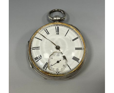 A Victorian silver cased open face pocket watch, enamel dial, Roman numerals, subsidiary seconds dial, 5cm diameter, blank ca