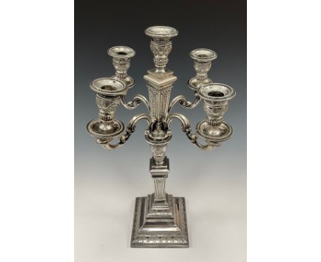 A large Dutch 835 silver five-light two section candelabra, screw off top with embossed beaded and gadrooned floral sconces, 