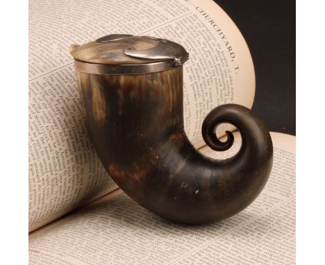 A large 19th century Scottish silver mounted horn snuff box, hinged cover, 11cm long, c.1850