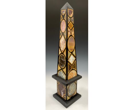 A granite and pietra dura obelisk, inlaid with Siena marble, onyx, and other precious stones, square base, 64.5cm high overal