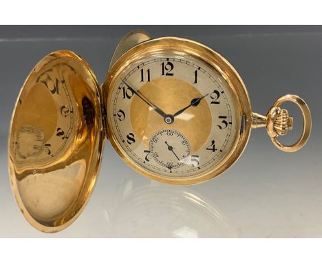 A Tavannes 14ct gold cased hunter pocket watch, shell stripped case, silver and gold two tone dial, Arabic numerals, subsidia