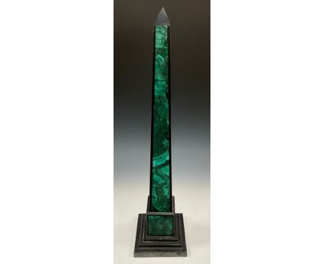 A granite obelisk, the façade inlaid with malachite, stepped square base, 76cm high overall