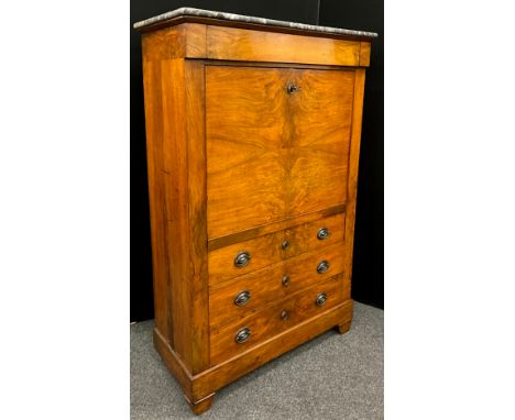 A walnut Secretaire á Abbatant, the rounded rectangular fossil marble top, above a fall door, enclosing the fitted interior, 