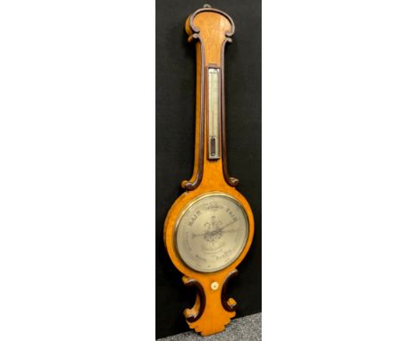 A Victorian mercury barometer, by Chadburn Brothers, of Sheffield, bird’s-eye maple banjo-shaped case, thermometer to neck, l