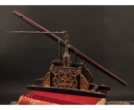 A Chinese model beam engine water pump, brass pipe work, the parcel-gilt base carved with chrysanthemums and leafy scrolls, 5