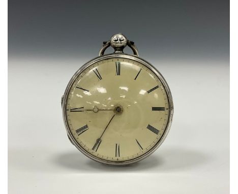 A Victorian silver cased open face fob watch, enamel dial, Roman numerals, machined to verso, 4cm diameter, Birmingham 1843