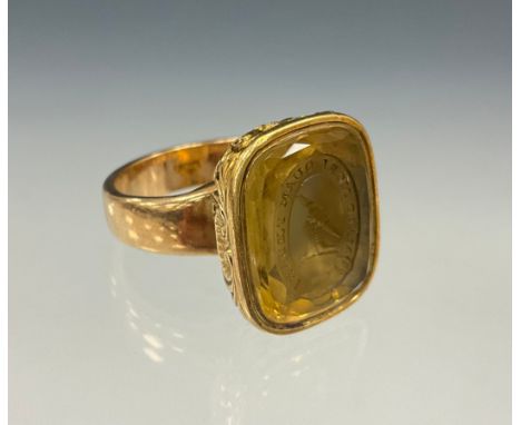 An Order of Ermine pale yellow citrine intaglio seal stamp signet ring, with latin inscription Malo mori quam foedari" , tran