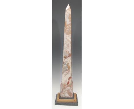 A large rosa Portugués marble obelisk, in the Grand Tour manner, stepped square base, 76cm high overall