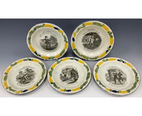 A set of five Prattware children’s pearlware nursery plates, ‘The Sower’, ‘The Reaper’,’The Thrasher’, ‘The Miller’, ‘The Bak