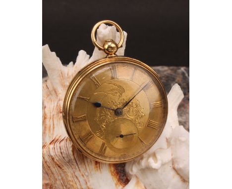 A 19th century 18ct gold open face pocket watch, engine turned gilded dial, Roman numerals, subsidiary seconds dial, 6cm over