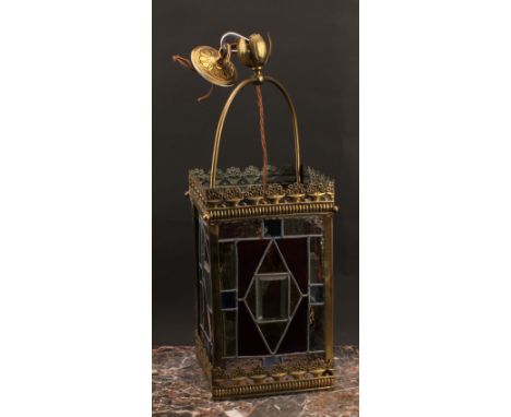 Lighting - a brass and stained leaded glass hall lantern, four panels, fitted for electricity, 49cm high over suspension hook
