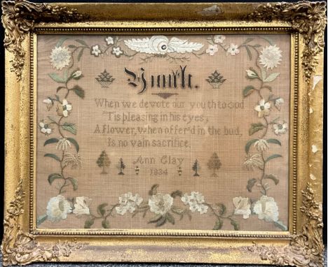A William IV needlework sampler, by Ann Clay, 1834, When we devote our youth to god ‘it’s pleasing in his eyes, a flower, whe