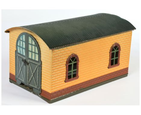 Bing or Similar tinplate 0 gauge Engine shed 1920's, brick effect engine shed finished in orange and brown with four windows,