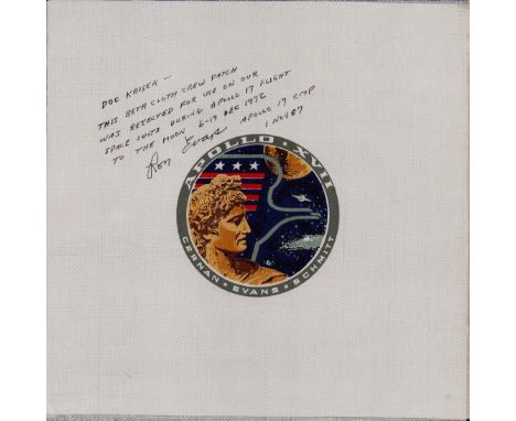 Ron Evans signed 9x9 inch BETA patch inscribed Doc Kaiser this BETA cloth crew patch was rejected for use on our space suits 