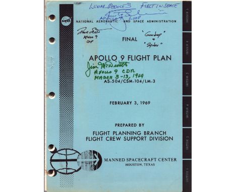 NASA vintage APOLLO 9 multi signed Flight plan dated February 3, 1969, includes crew members Dave Scott, James McDivitt Rusty