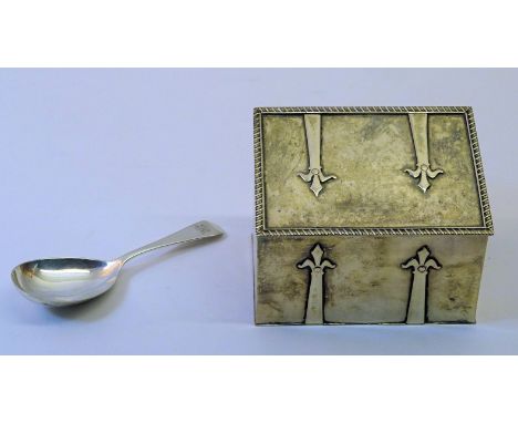 An Edwardian silver casket shaped Tea Caddy with hinged sloping lid and strap work decoration with a gadrooned border, London