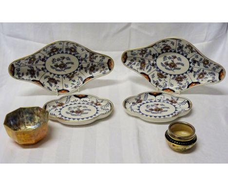 A pair of Royal Worcester Vitreous oval shape shallow Dishes, decorated with panels of flowers and leaves in blue, gilt etc.,