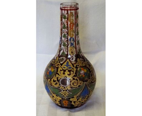 A Bohemian glass baluster Vase decorated with panels of flowers within a scroll design and with ruby lines.  11" (28cms) high