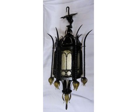 An unusual black painted metal Hall Lantern of hexagonal design with glass panels. 