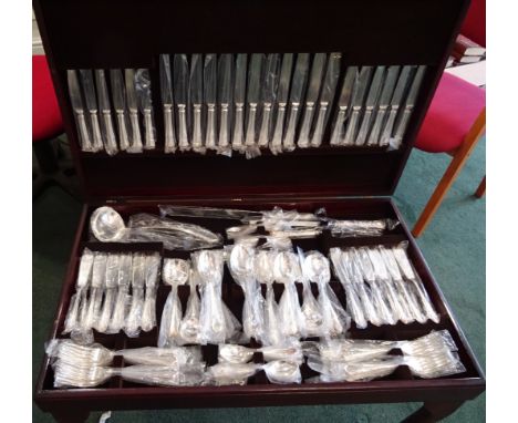 A suite of Dubarry pattern plated Table Cutlery for twelve covers including fish knives and forks, soup ladle, carvers etc, 1