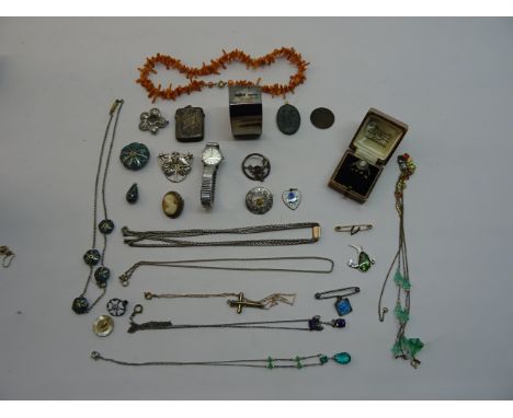 A Jewellery Box and contents including a ladies Omega wristwatch, silver brooches, silver vesta case, serviette ring, coral b