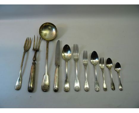 A suite of French fiddle thread and shell pattern plated Table Cutlery by Boulengier comprising twenty five table forks, twel