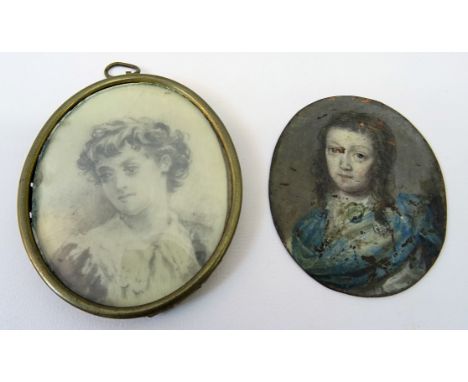 An oval miniature head and shoulders Portrait on copper and an early 20th Century oval pencil portrait on ivory.