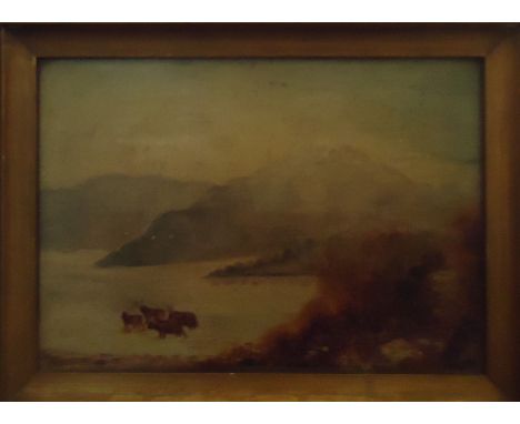 An unsigned Oil on Canvas of a lake and mountain landscape.  7 1/2" (19cms) x 11 1/2" (29cms), a print after ROBSON of York M